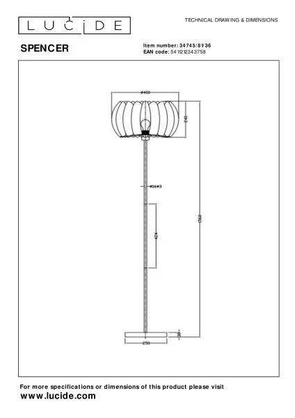 Lucide SPENCER - Lampadaire - Ø 40 cm - 1xE27 - Gris - technique